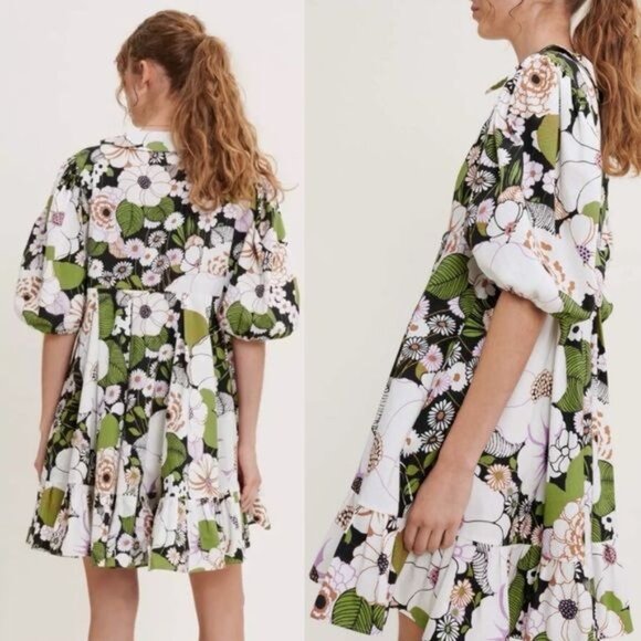 Maje Rafleur Puff Sleeve Floral Poplin Mini Dress 34 Neutral XS Ruffle Vneck - Picture 4 of 16
